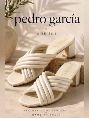 Pedro Garcia Cream Padded Leather Slide Sandals Block Heel Size 38.5
